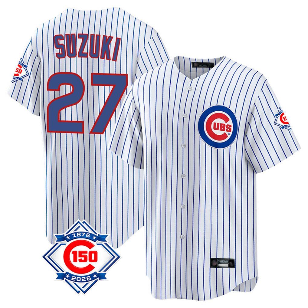 Chicago Cubs #27 Seiya Suzuki Player White 150th Anniversary Home Game Stitched Baseball Jersey