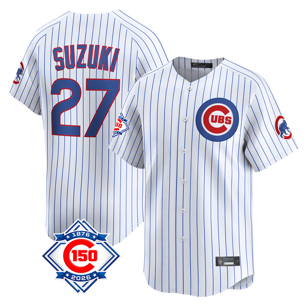 Chicago Cubs #27 Seiya Suzuki Player White 150th Anniversary Limited Home Game Stitched Baseball Jersey