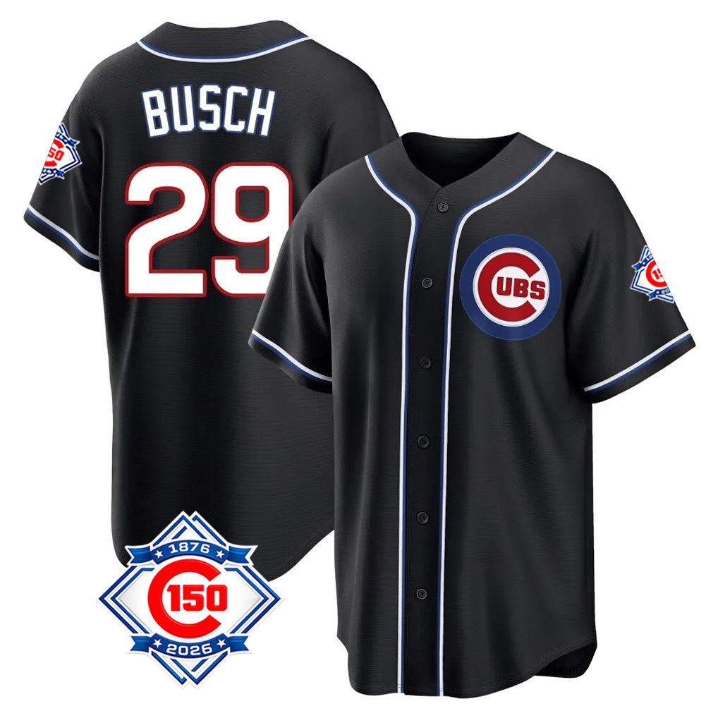 Chicago Cubs #29 Michael Busch Player Black Fashion Out 150th Anniversary Game Stitched Baseball Jersey