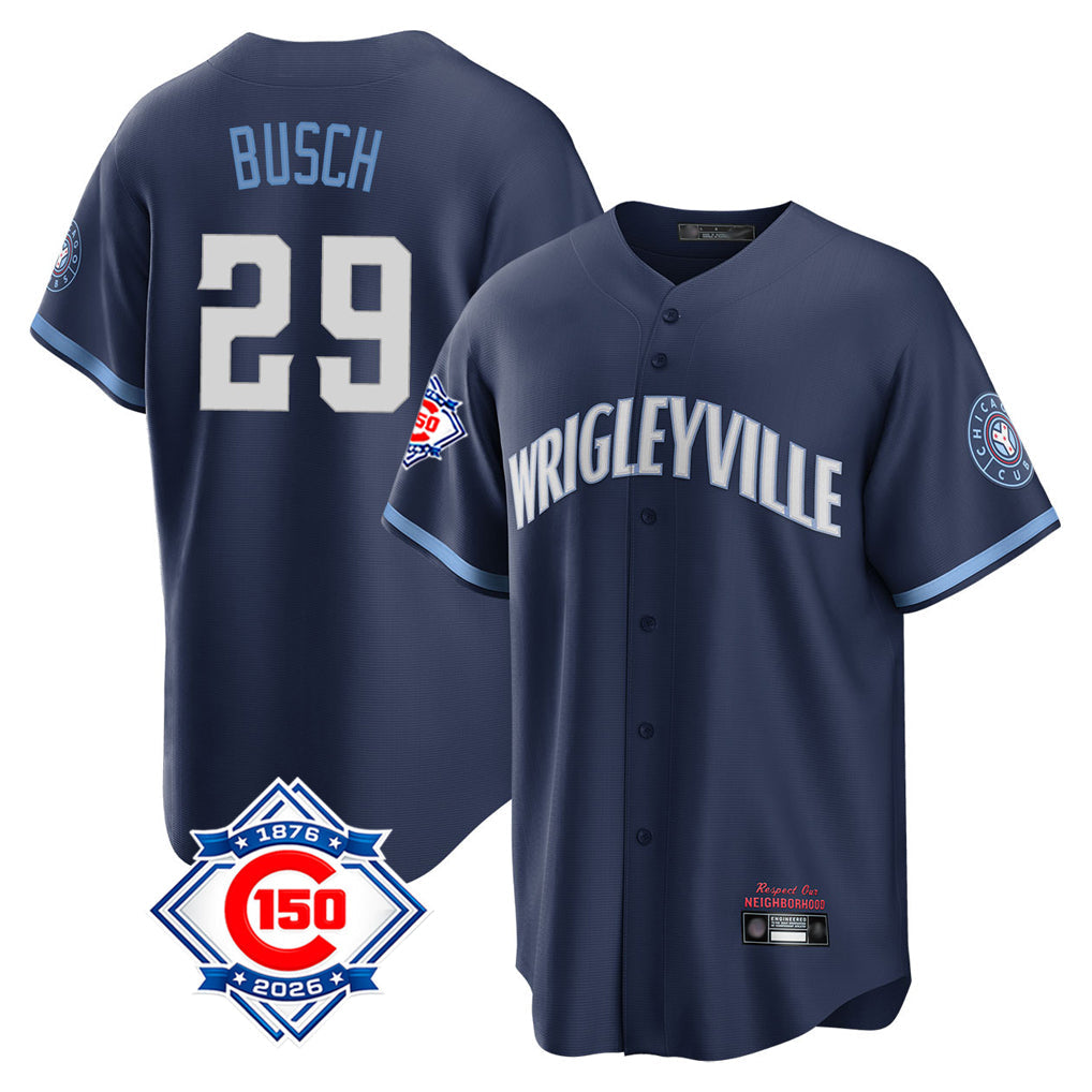Chicago Cubs #29 Michael Busch Player Navy 150th Anniversary City Connect Home Game Stitched Baseball Jersey