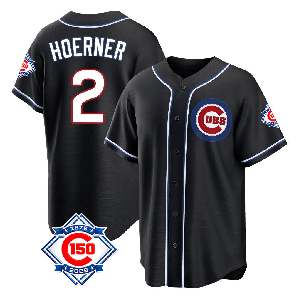 Chicago Cubs #2 Nico Hoerner Player Black Fashion Out 150th Anniversary Game Stitched Baseball Jersey