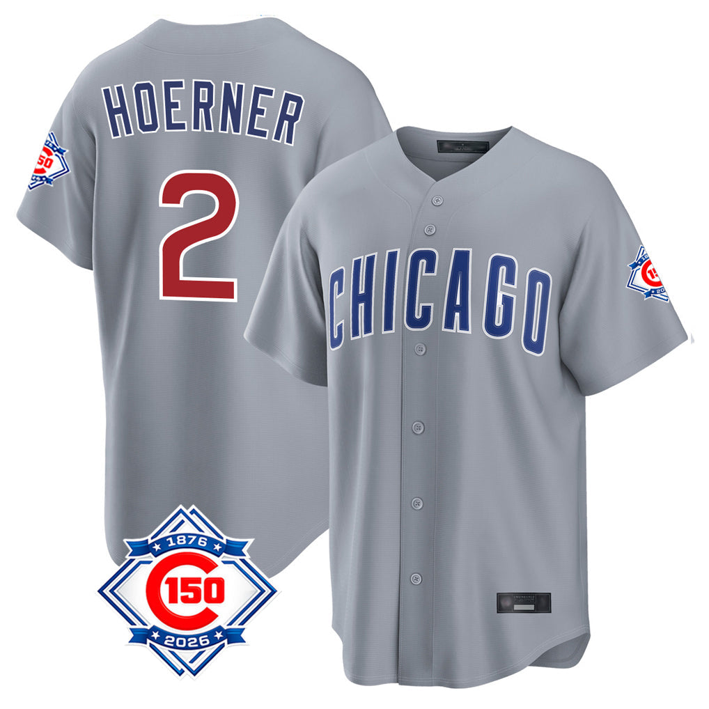 Chicago Cubs #2 Nico Hoerner Player Gray 150th Anniversary Home Game Stitched Baseball Jersey
