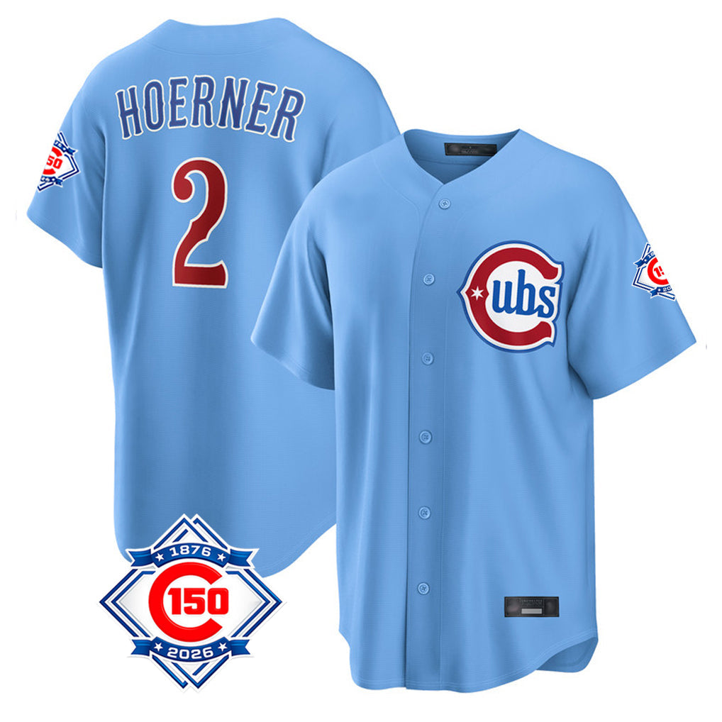 Chicago Cubs #2 Nico Hoerner Player Light Blue 150th Anniversary Home Game Stitched Baseball Jersey