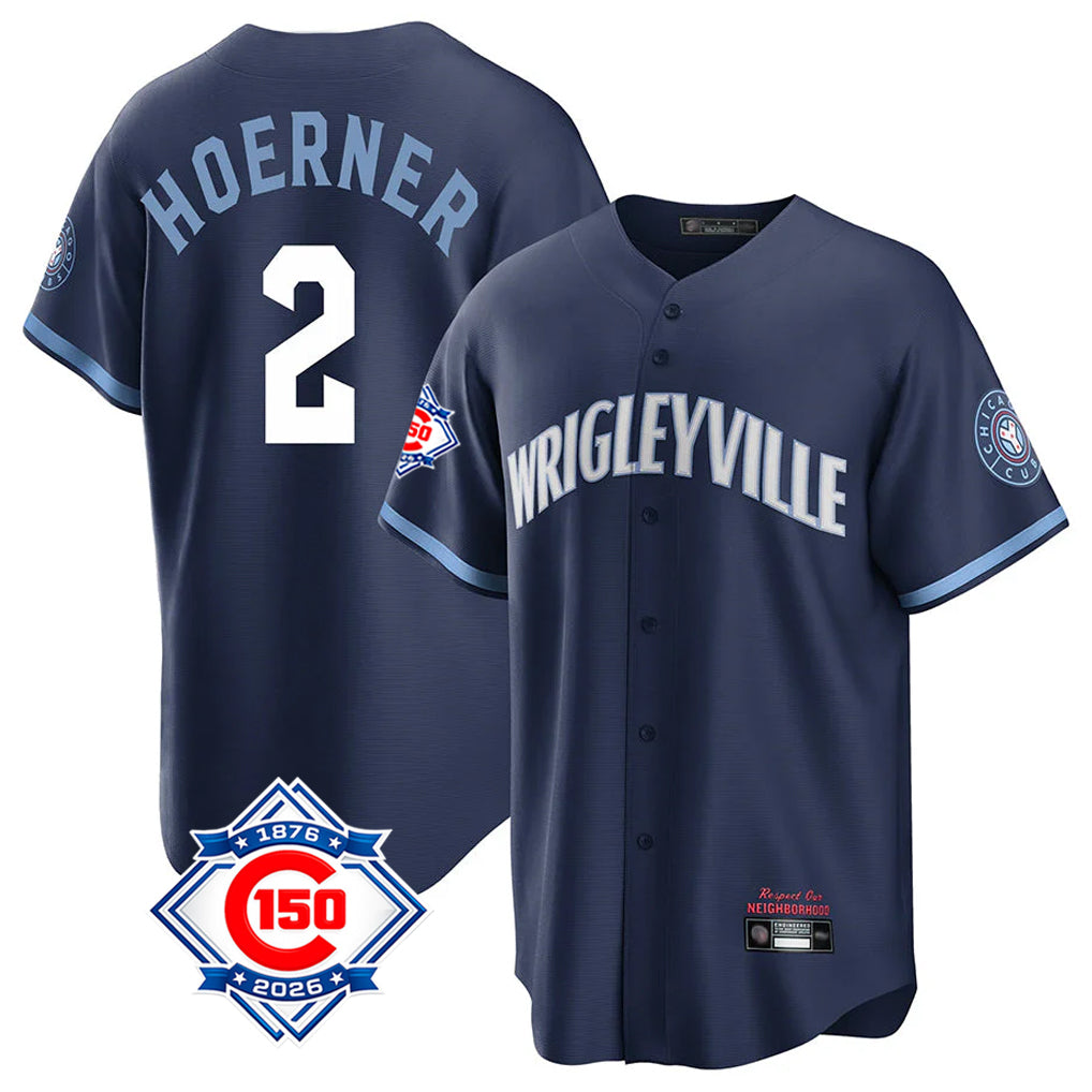 Chicago Cubs #2 Nico Hoerner Player Navy 150th Anniversary City Connect Home Game Stitched Baseball Jersey