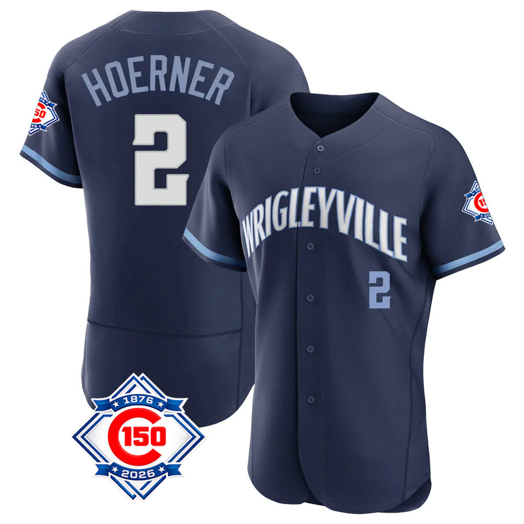 Chicago Cubs #2 Nico Hoerner Player Navy City Connect 150th Anniversary Limited Elite Home Stitched Baseball Jersey