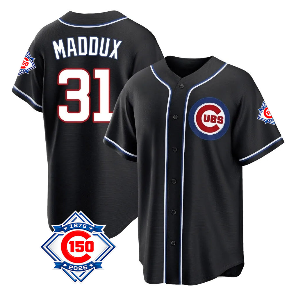 Chicago Cubs #31 Greg Maddux Player Black Fashion Out 150th Anniversary Game Stitched Baseball Jersey