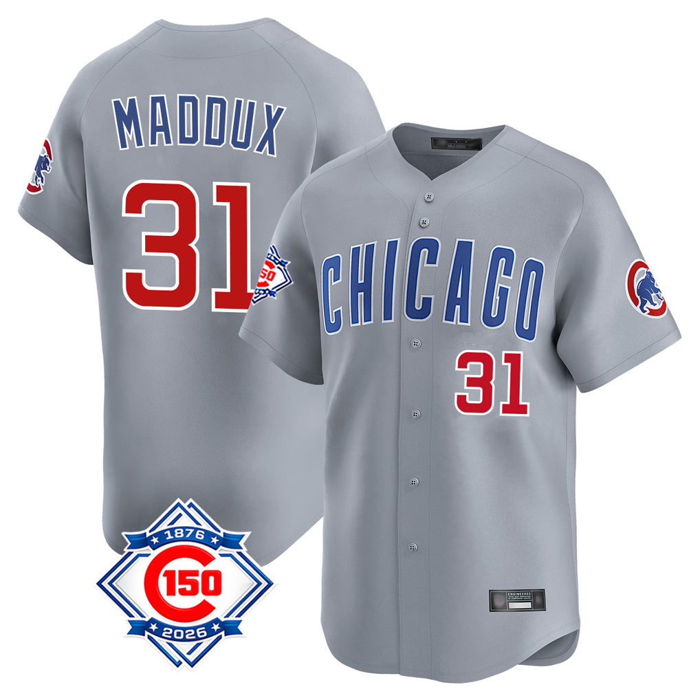 Chicago Cubs #31 Greg Maddux Player Gray Road 150th Anniversary Limited Home Stitched Baseball Jersey