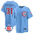 Chicago Cubs #31 Greg Maddux Player Light Blue 150th Anniversary Home Game Stitched Baseball Jersey