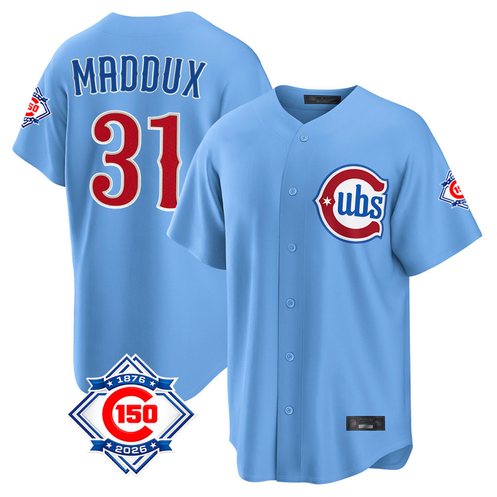 Chicago Cubs #31 Greg Maddux Player Light Blue 150th Anniversary Home Game Stitched Baseball Jersey