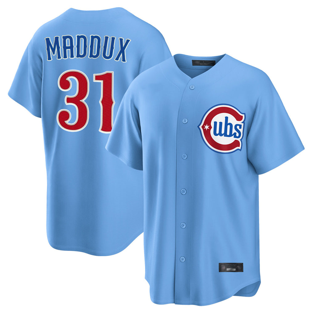 Chicago Cubs #31 Greg Maddux Player Light Blue Home Game Stitched Baseball Jersey
