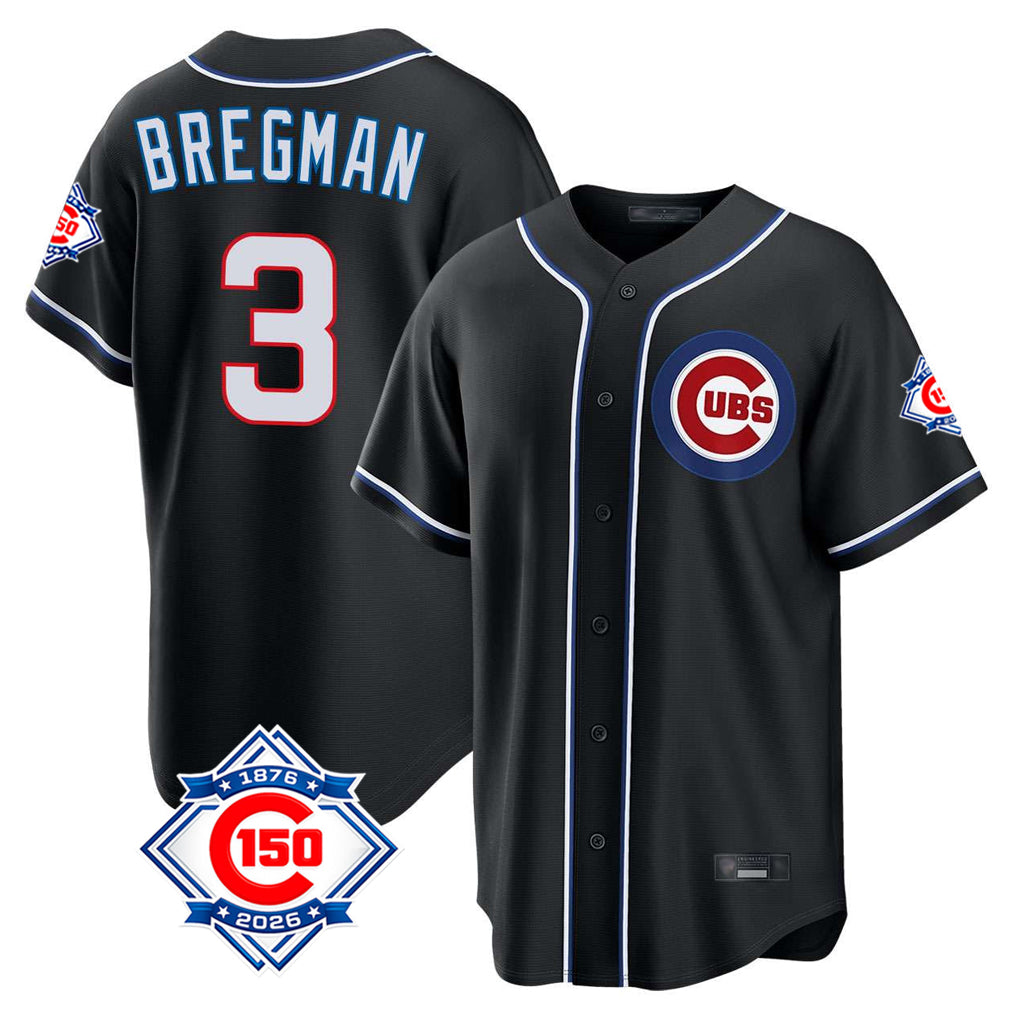 Chicago Cubs #3 Alex Bregman Player Black Fashion Out 150th Anniversary Game Stitched Baseball Jersey