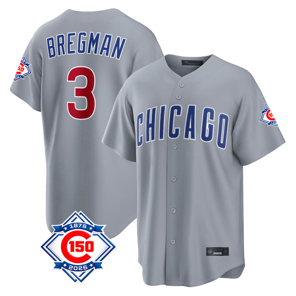 Chicago Cubs #3 Alex Bregman Player Gray 150th Anniversary Home Game Stitched Baseball Jersey
