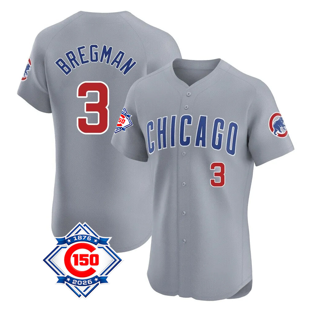 Chicago Cubs #3 Alex Bregman Player Gray Road 150th Anniversary Limited Elite Home Stitched Baseball Jersey