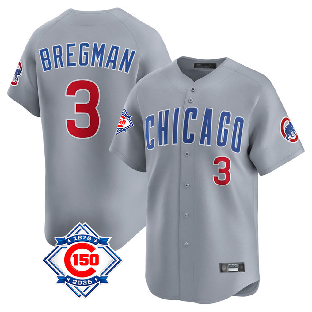 Chicago Cubs #3 Alex Bregman Player Gray Road 150th Anniversary Limited Home Stitched Baseball Jersey