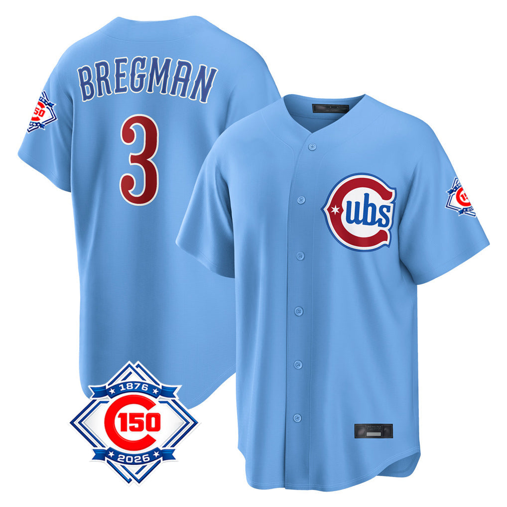 Chicago Cubs #3 Alex Bregman Player Light Blue 150th Anniversary Home Game Stitched Baseball Jersey