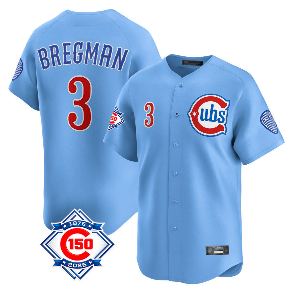 Chicago Cubs #3 Alex Bregman Player Light Blue 150th Anniversary Limited Home Stitched Baseball Jersey