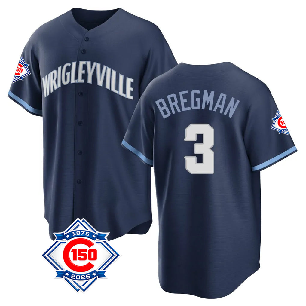 Chicago Cubs #3 Alex Bregman Player Navy 150th Anniversary City Connect Home Game Stitched Baseball Jersey