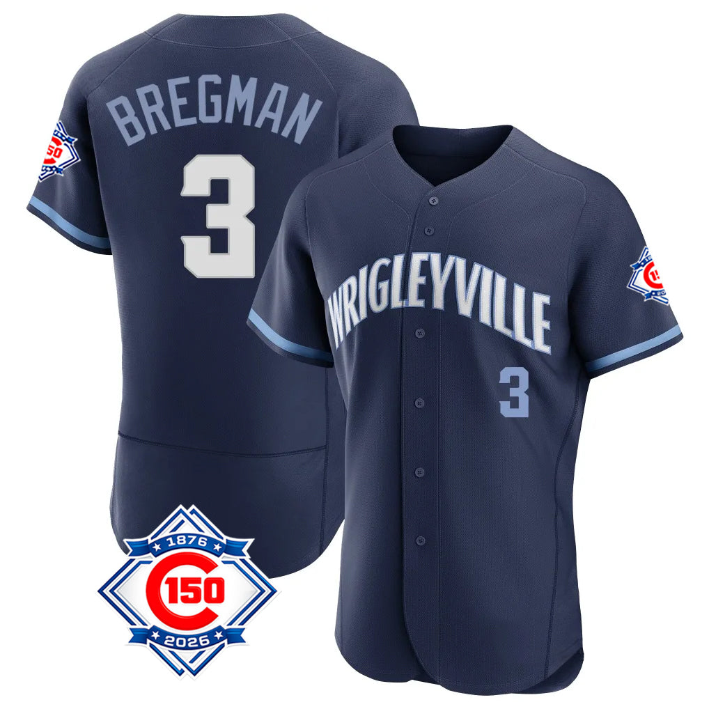 Chicago Cubs #3 Alex Bregman Player Navy City Connect 150th Anniversary Limited Elite Home Stitched Baseball Jersey