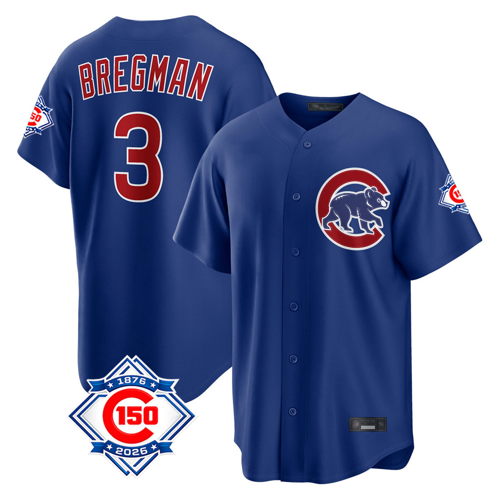 Chicago Cubs #3 Alex Bregman Player Royal 150th Anniversary Home Game Stitched Baseball Jersey