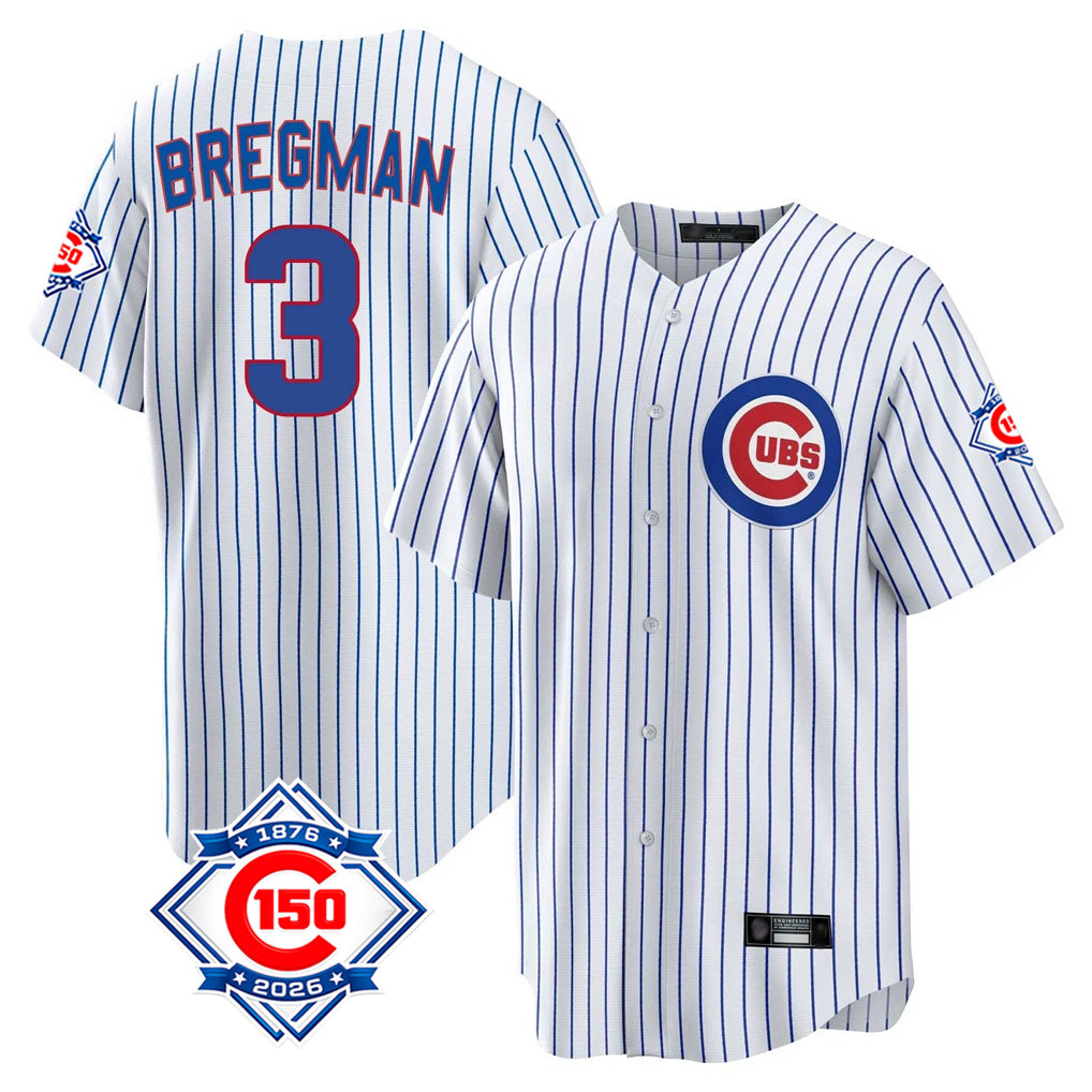 Chicago Cubs #3 Alex Bregman Player White 150th Anniversary Home Game Stitched Baseball Jersey