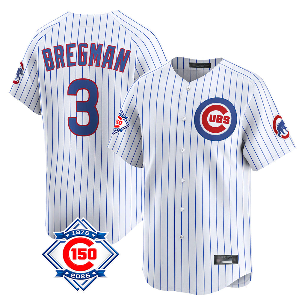 Chicago Cubs #3 Alex Bregman Player White 150th Anniversary Limited Home Game Stitched Baseball Jersey