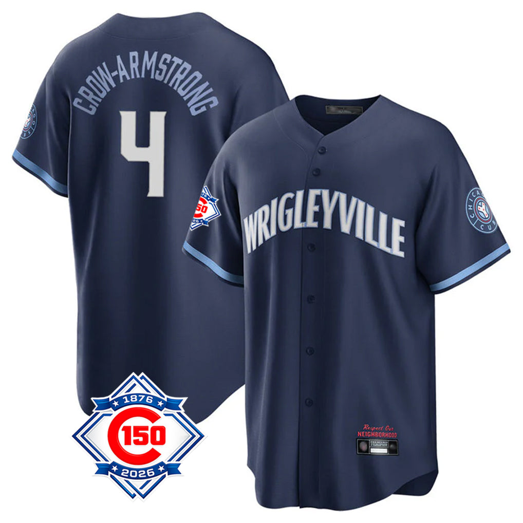 Chicago Cubs #4 Pete Crow-Armstrong Player Navy 150th Anniversary City Connect Home Game Stitched Baseball Jersey