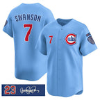 Chicago Cubs #7 Dansby Swanson Blue 'Ryne Sandberg Tribute' Vapor Limited V3 Stitched Baseball Jersey