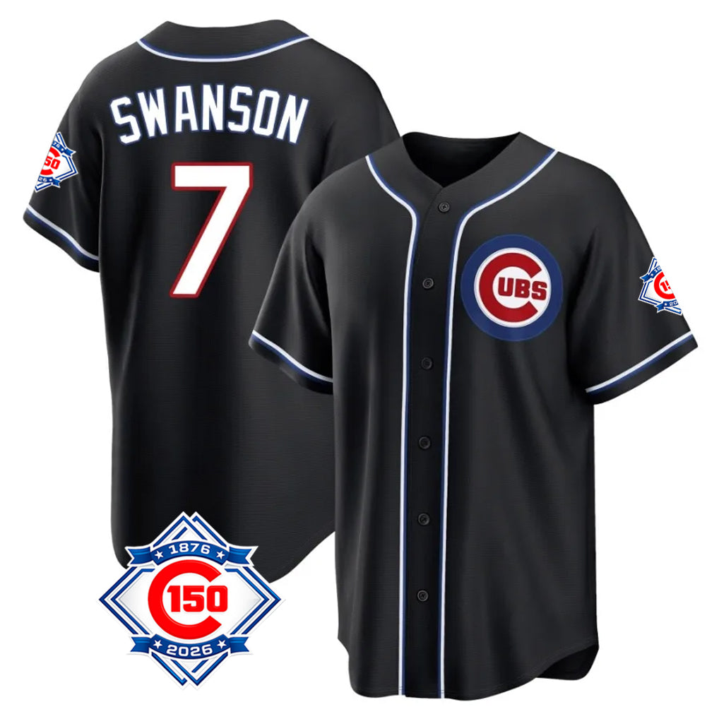 Chicago Cubs #7 Dansby Swanson Player Black Fashion Out 150th Anniversary Game Stitched Baseball Jersey