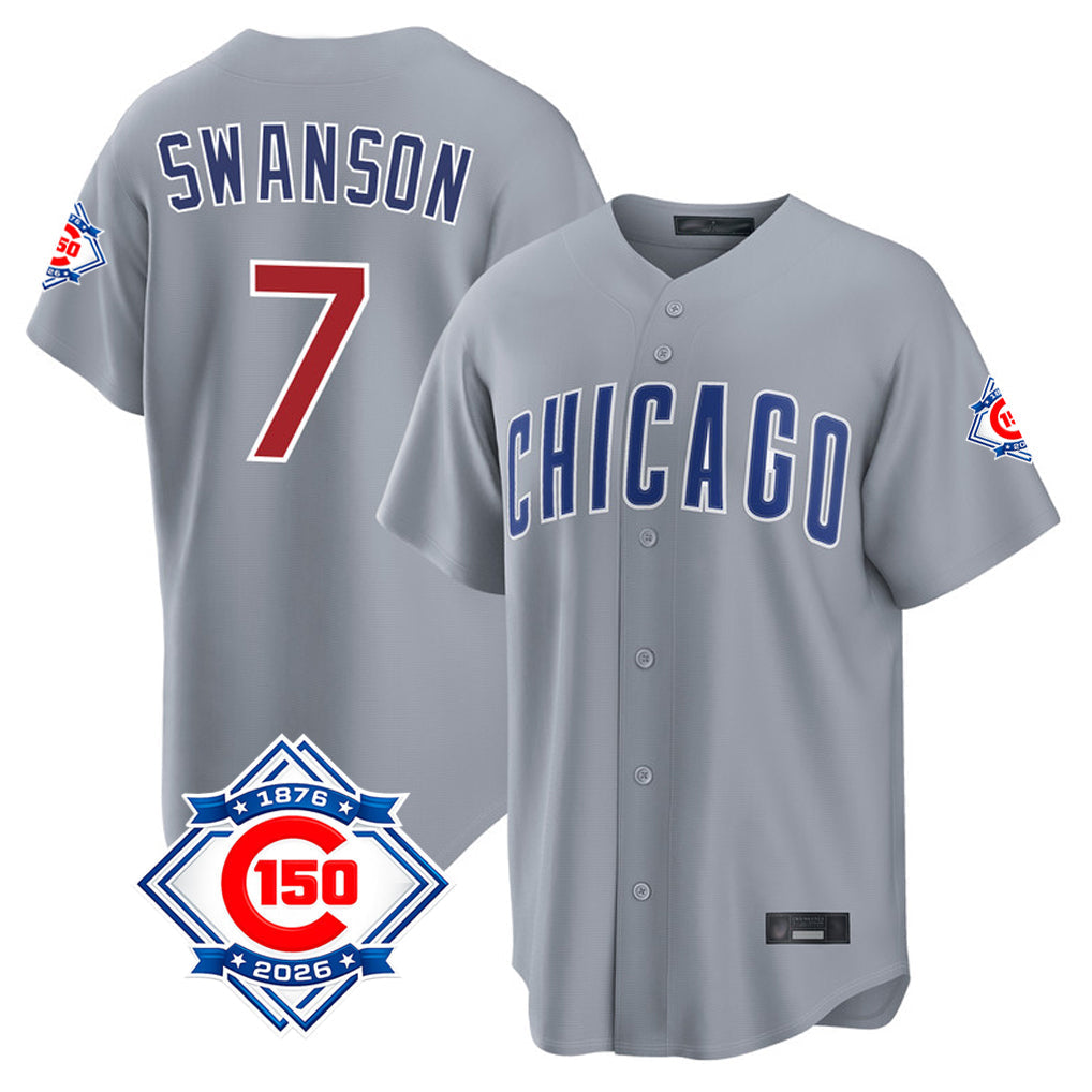 Chicago Cubs #7 Dansby Swanson Player Gray 150th Anniversary Home Game Stitched Baseball Jersey