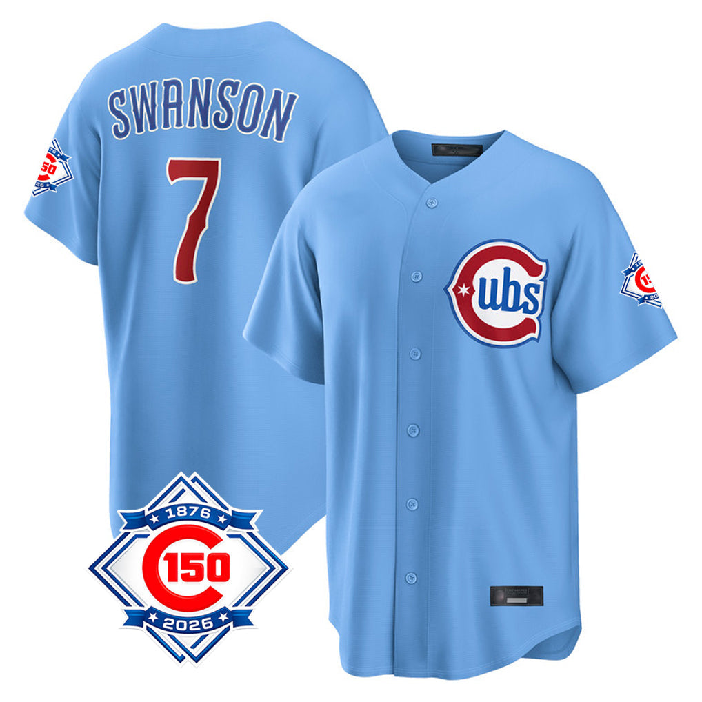 Chicago Cubs #7 Dansby Swanson Player Light Blue 150th Anniversary Home Game Stitched Baseball Jersey