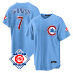 Chicago Cubs #7 Dansby Swanson Player Light Blue 150th Anniversary Home Game Stitched Baseball Jersey