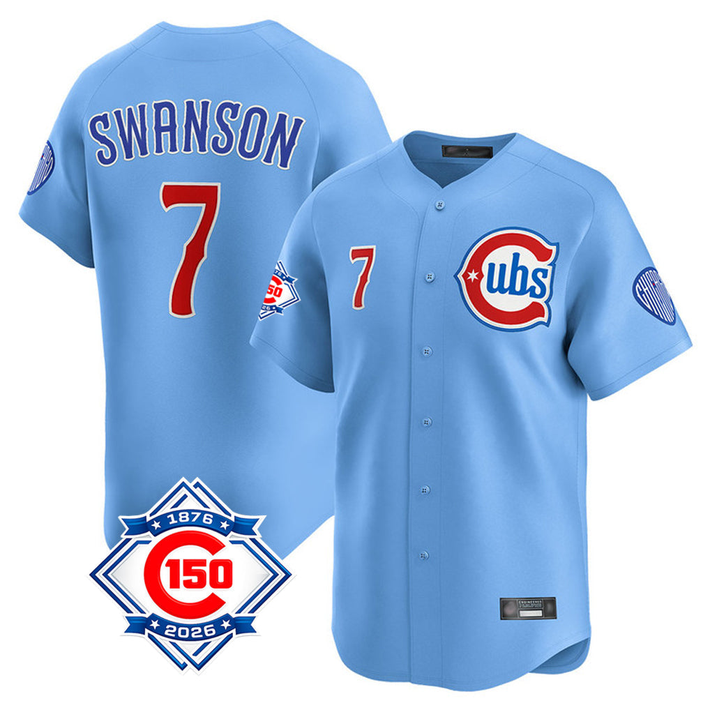 Chicago Cubs #7 Dansby Swanson Player Light Blue 150th Anniversary Limited Home Stitched Baseball Jersey