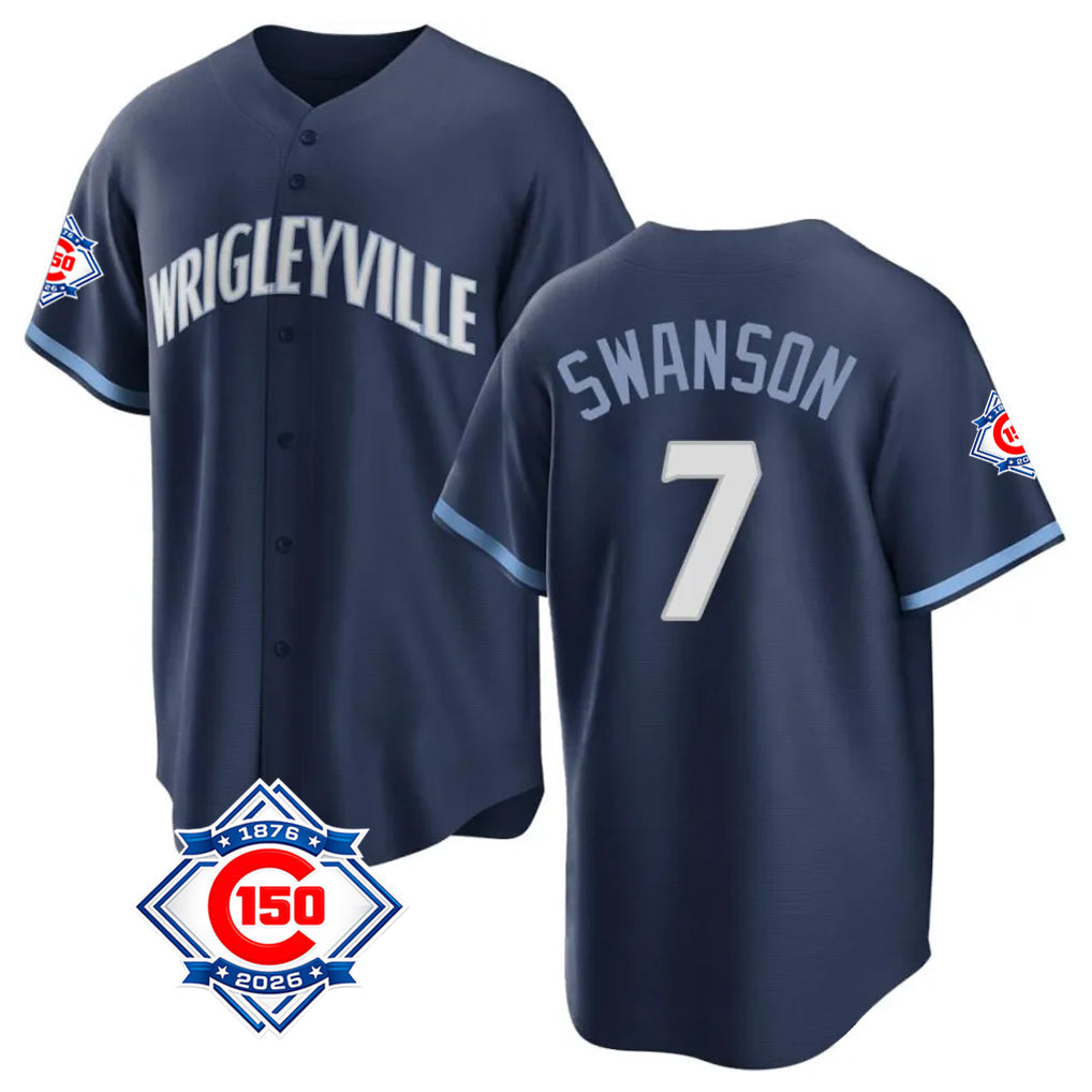 Chicago Cubs #7 Dansby Swanson Player Navy 150th Anniversary City Connect Home Game Stitched Baseball Jersey