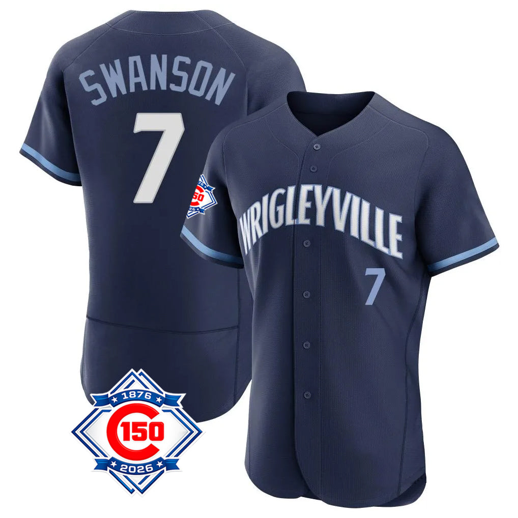 Chicago Cubs #7 Dansby Swanson Player Navy City Connect 150th Anniversary Limited Elite Home Stitched Baseball Jersey