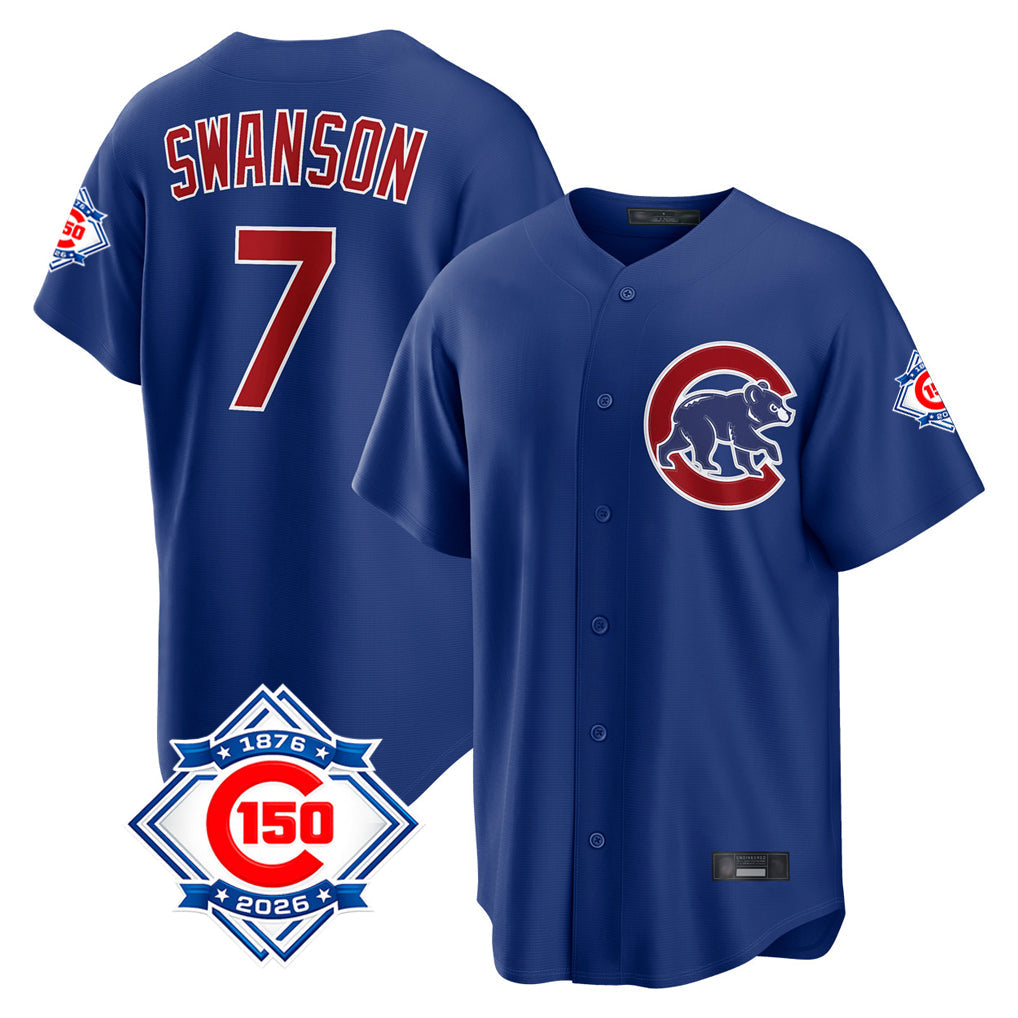 Chicago Cubs #7 Dansby Swanson Player Royal 150th Anniversary Home Game Stitched Baseball Jersey