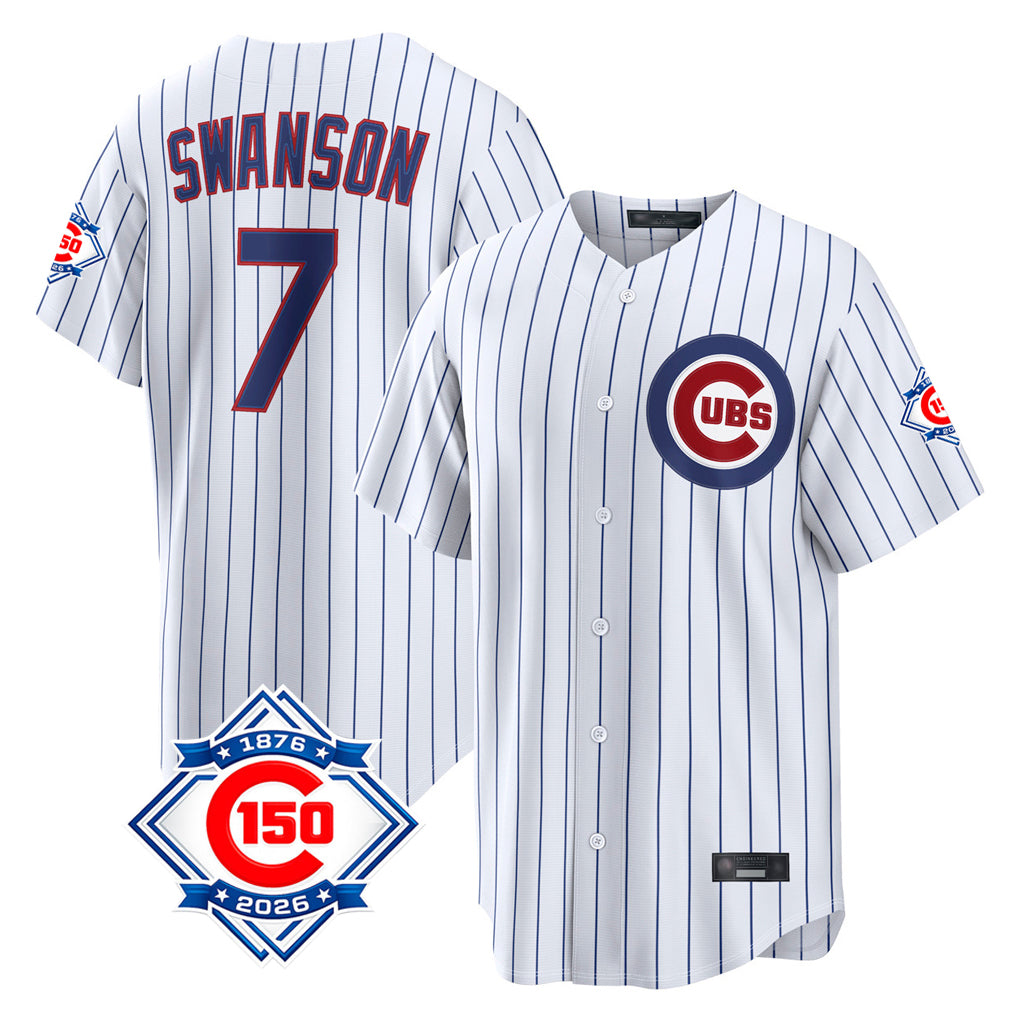 Chicago Cubs #7 Dansby Swanson Player White 150th Anniversary Game Home Stitched Baseball Jersey