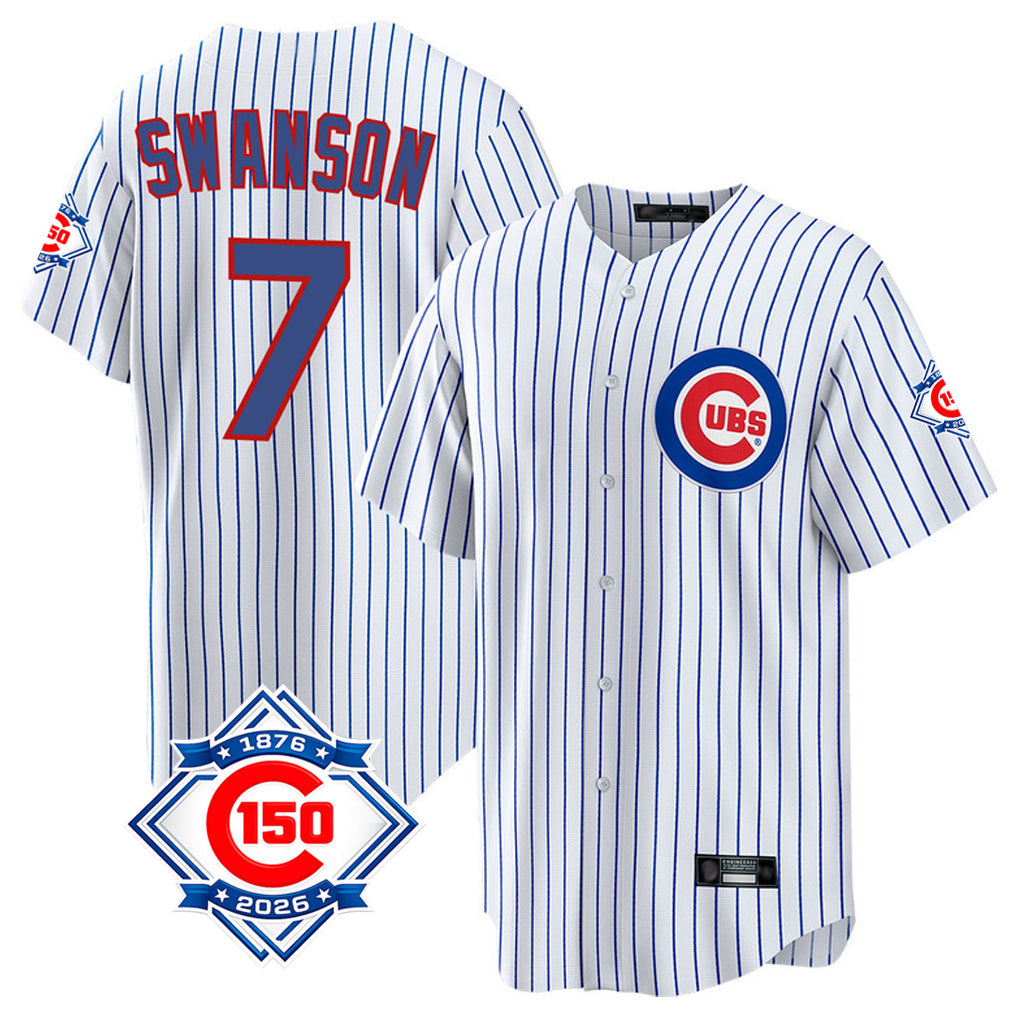 Chicago Cubs #7 Dansby Swanson Player White 150th Anniversary Home Game Stitched Baseball Jersey