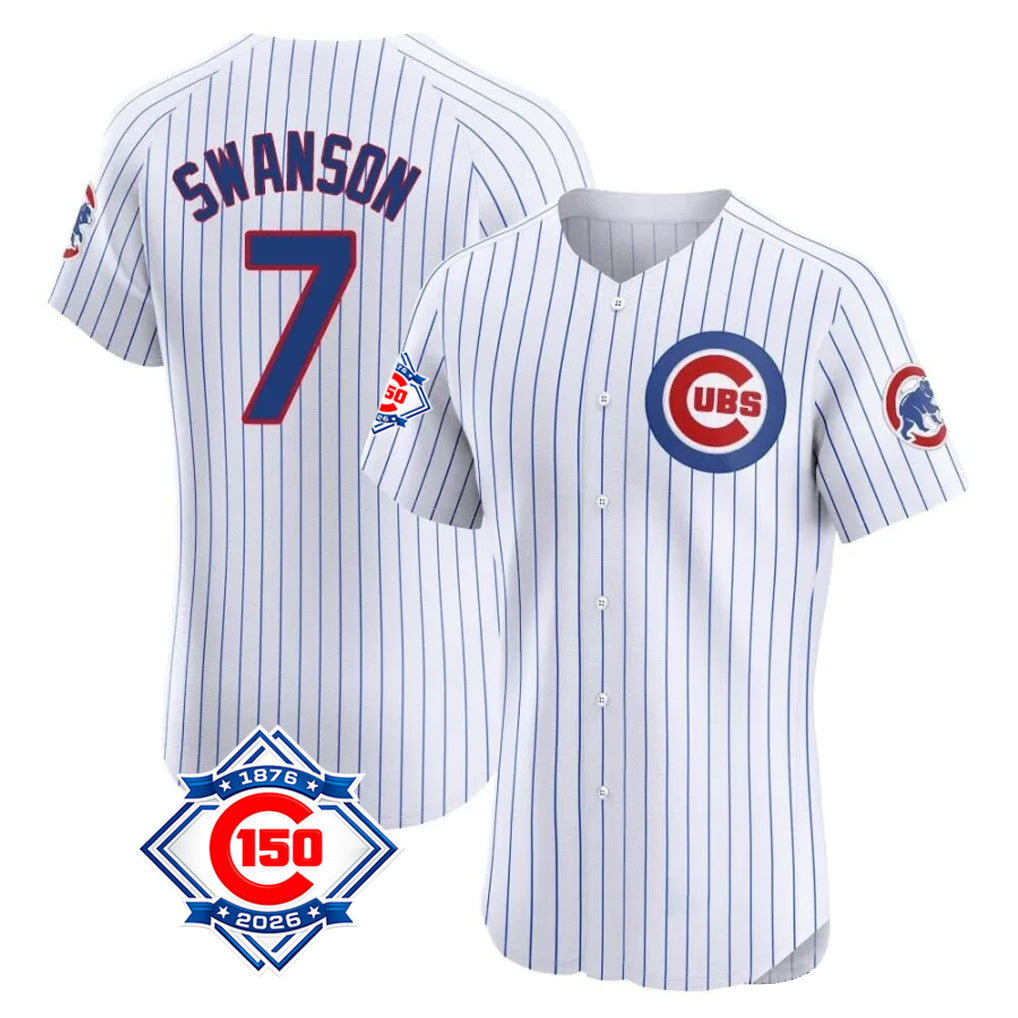 Chicago Cubs #7 Dansby Swanson Player White 150th Anniversary Limited Elite Home Game Stitched Baseball Jersey