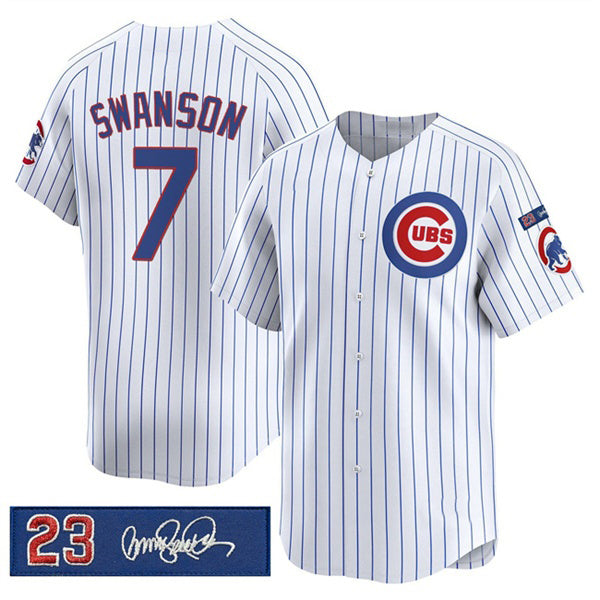 Chicago Cubs #7 Dansby Swanson White Pinstripe 'Ryne Sandberg Tribute' Vapor Limited V3 Stitched Baseball Jersey