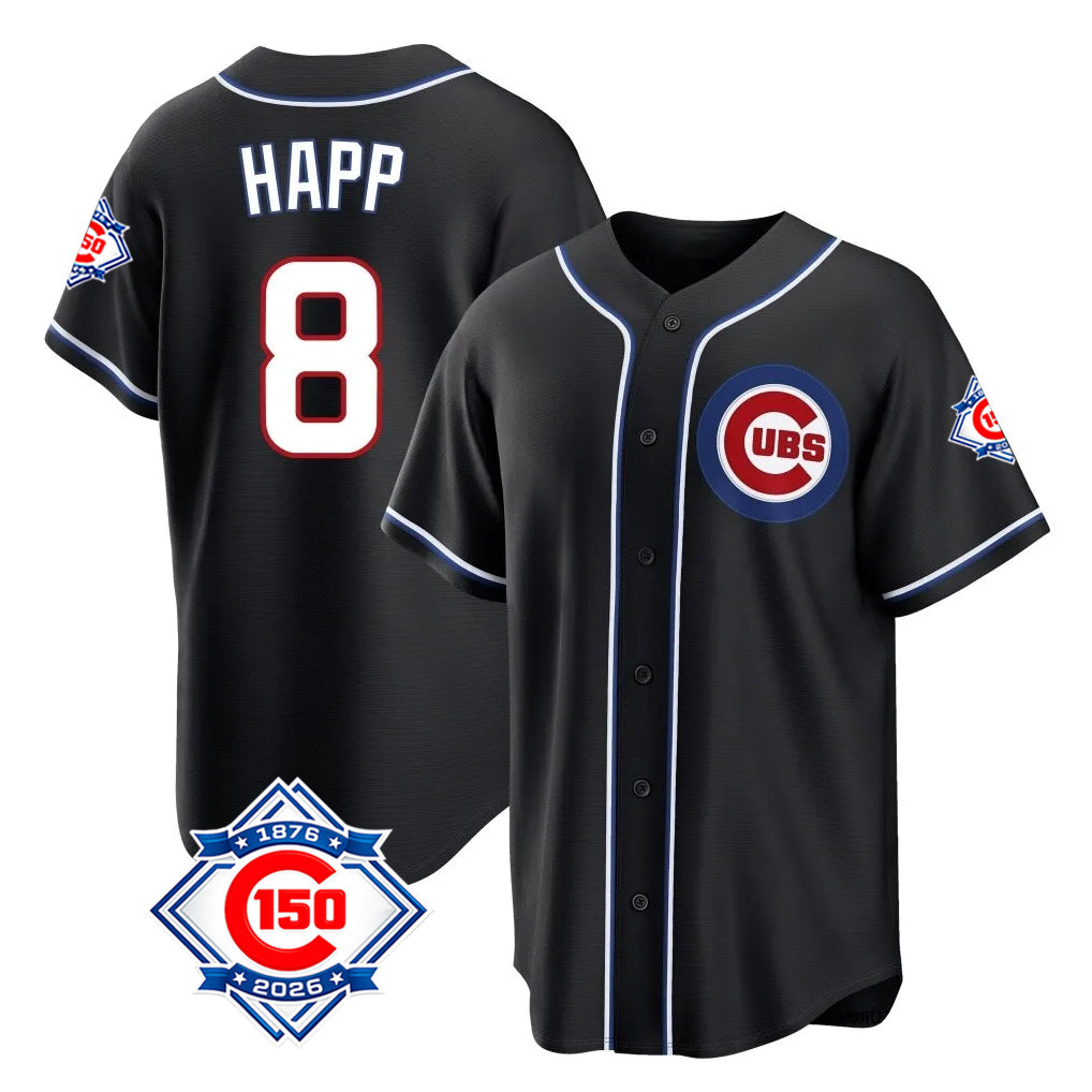 Chicago Cubs #8 Ian Happ Player Black Fashion Out 150th Anniversary Game Stitched Baseball Jersey