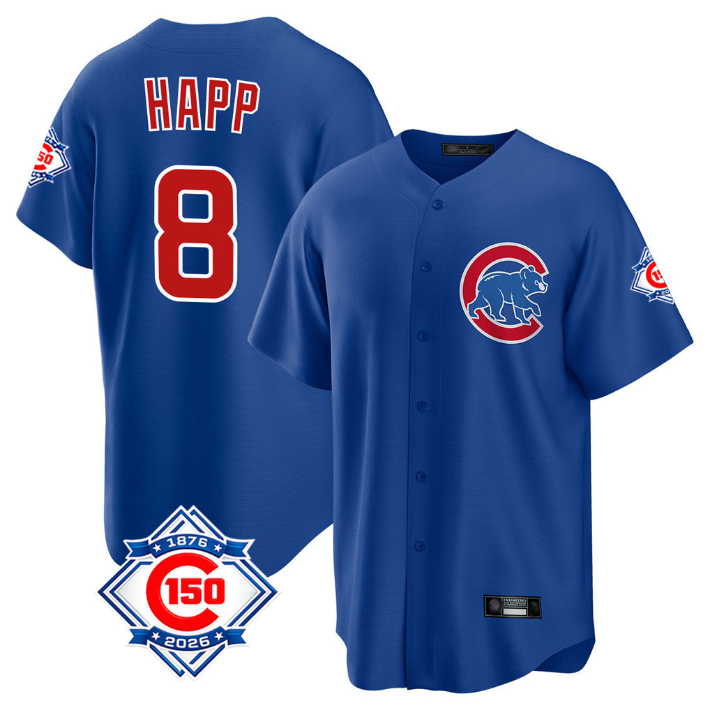 Chicago Cubs #8 Ian Happ Player Royal 150th Anniversary Home Game Stitched Baseball Jersey