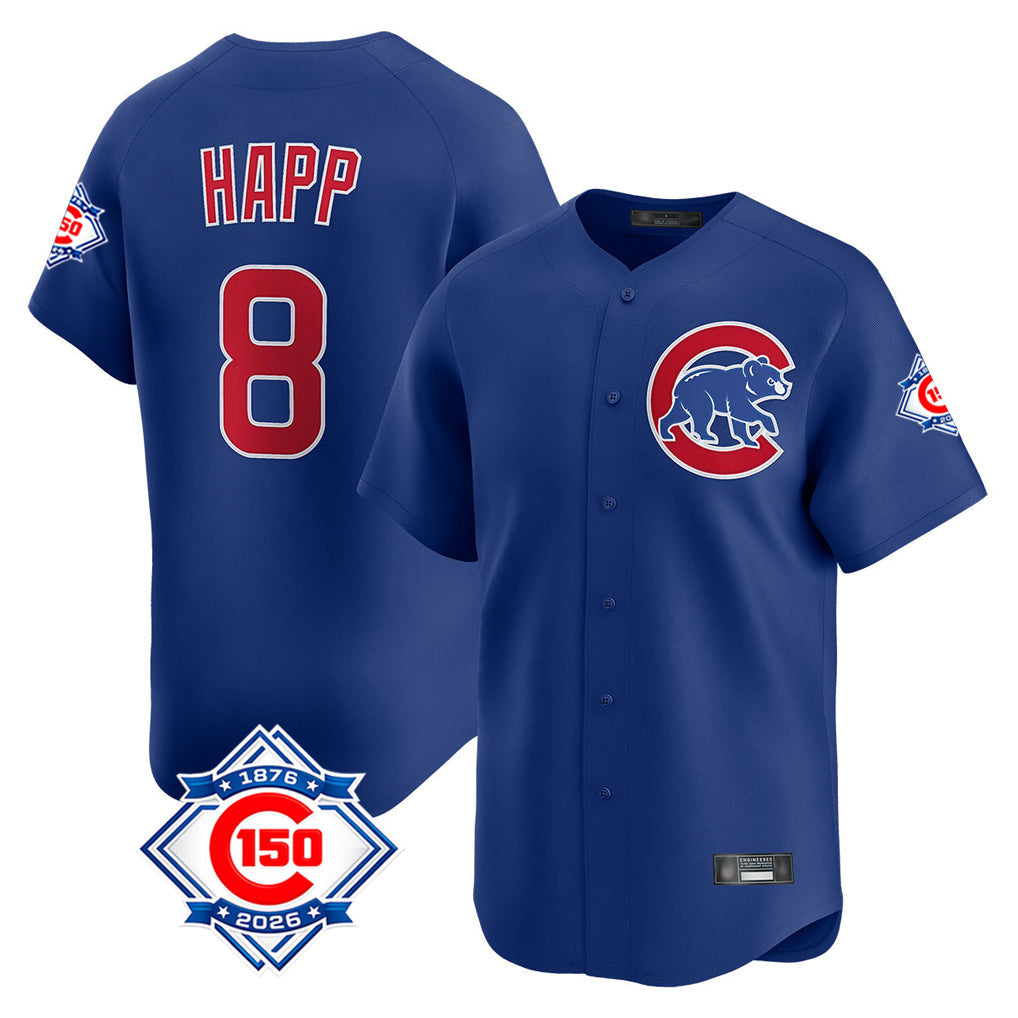 Chicago Cubs #8 Ian Happ Player Royal 150th Anniversary Limited Home Stitched Baseball Jersey
