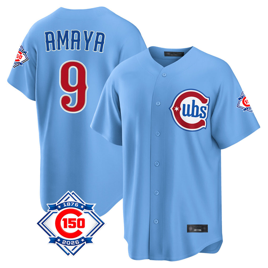 Chicago Cubs #9 Miguel Amaya Player Light Blue 150th Anniversary Home Game Stitched Baseball Jersey