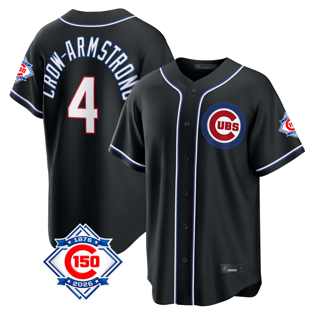Chicago Cubs #4 Pete Crow-Armstrong Player Black Fashion Out 150th Anniversary Game Stitched Baseball Jersey