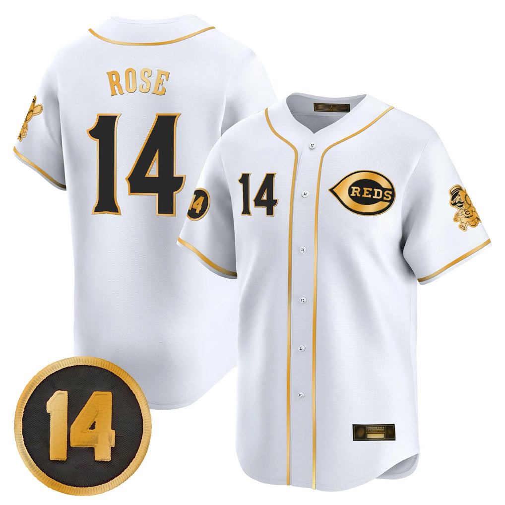 Cincinnati Reds #14 Pete Rose Player White-Gold Vapor Premier Limited Home Stitched Baseball Jersey