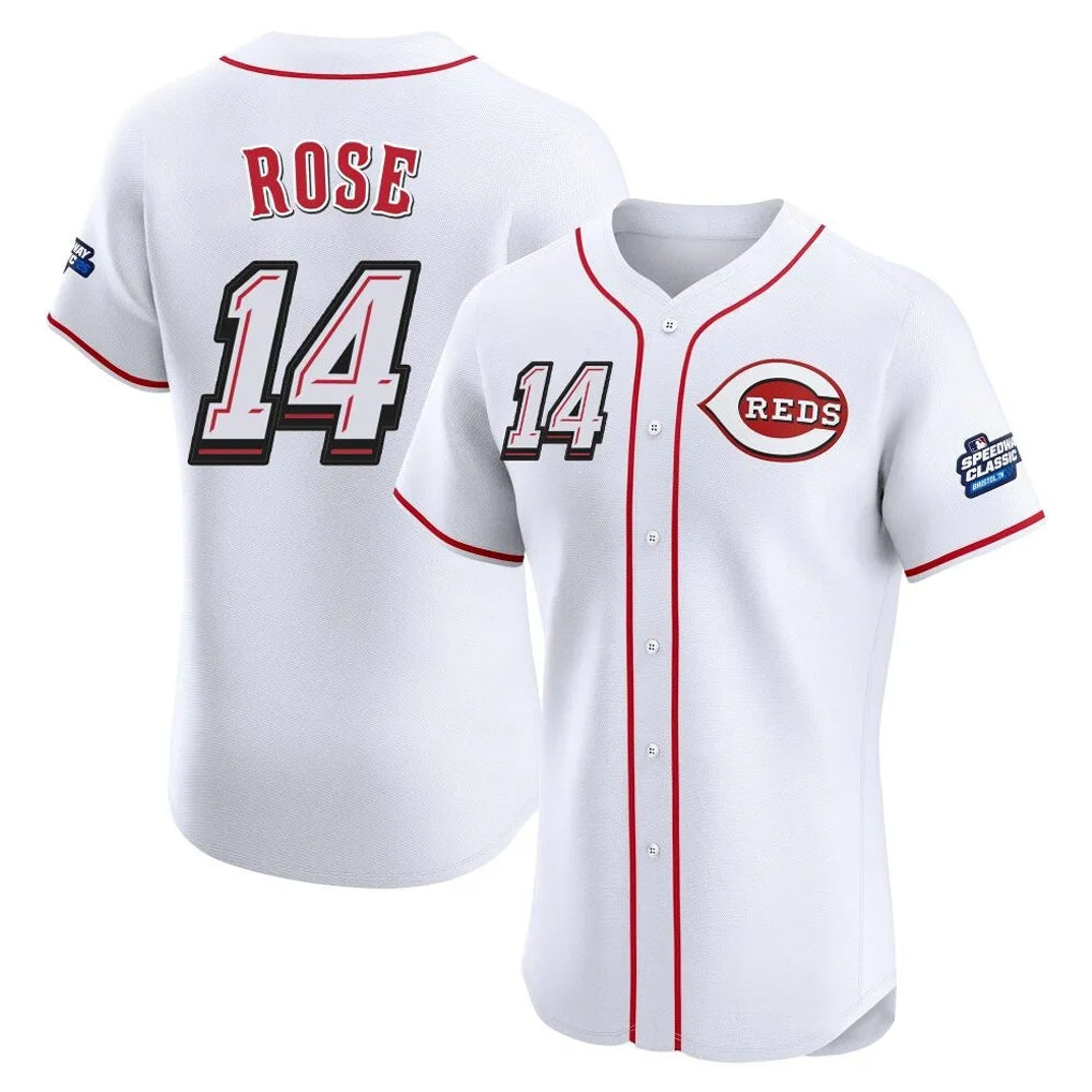 Cincinnati Reds #14 Pete Rose Player White Speedway Classic Limited Elite Home Stitched Baseball Jersey