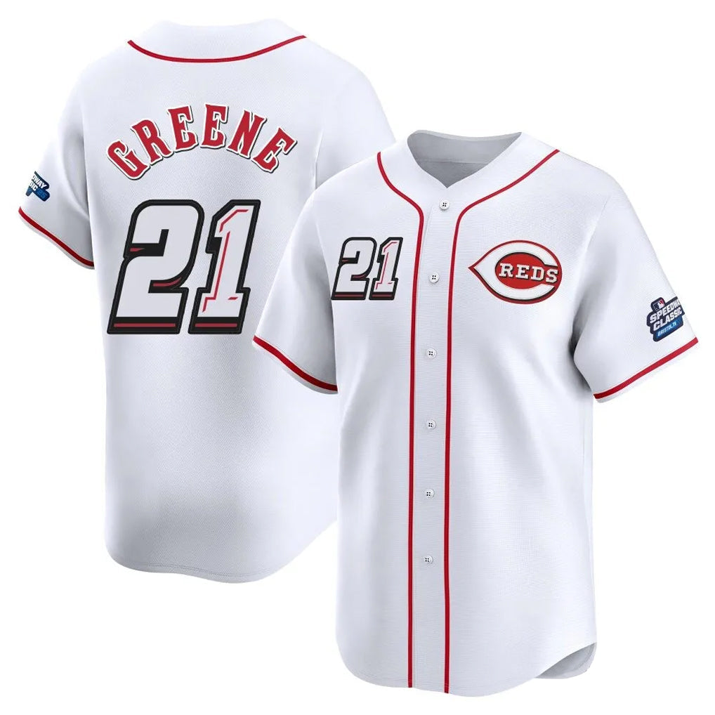 Cincinnati Reds #21 Hunter Greene Player White Speedway Classic Home Limited Stitched Baseball Jersey