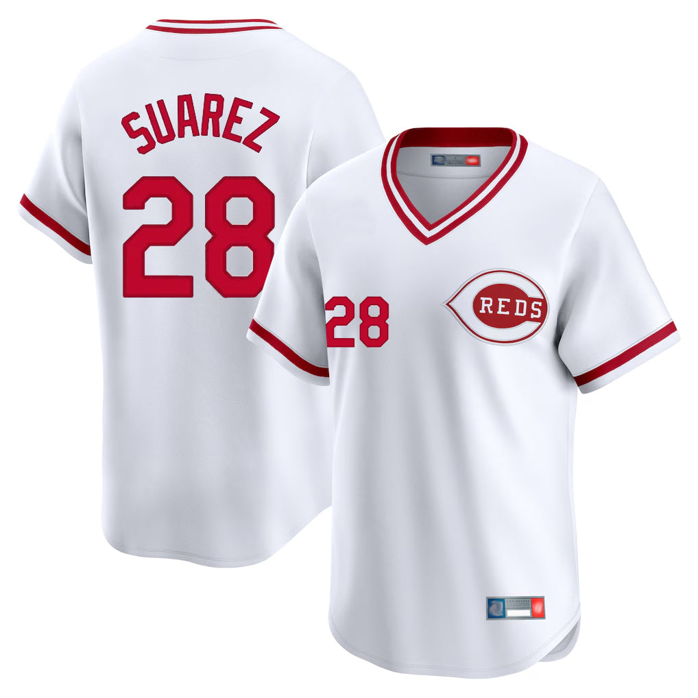 Cincinnati Reds #28 Eugenio Su¨¢rez Player White Cooperstown Collection Limited Home Stitched Baseball Jersey