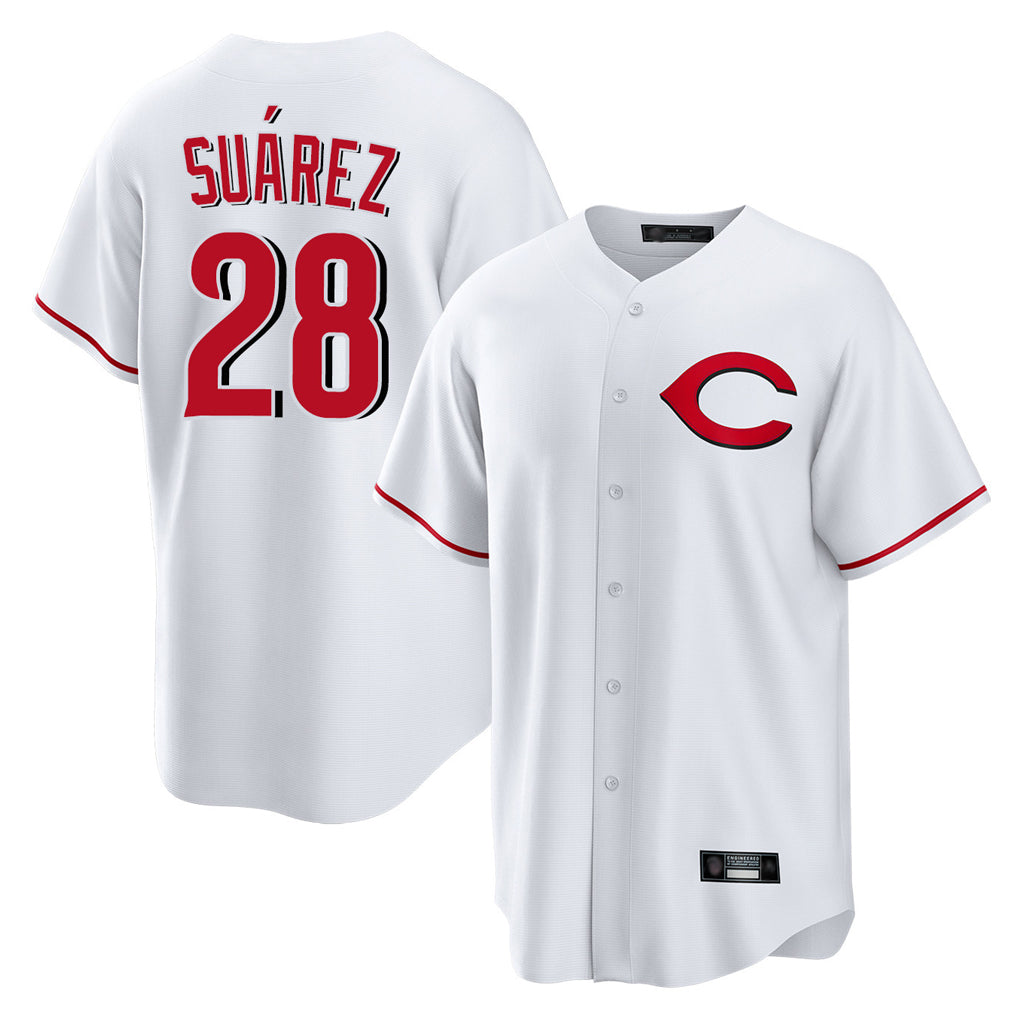 Cincinnati Reds #28 Eugenio Su¨¢rez Player White Home Game Stitched Baseball Jersey