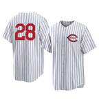 Cincinnati Reds #28 Eugenio Su¨¢rez Player White Stripe Field of Dreams Game Home Stitched Baseball Jersey